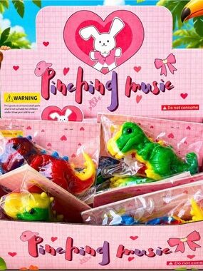 Pinehind Cute Bunny Display with Colorful Toy Dinosaurs - Pink toy sensory.